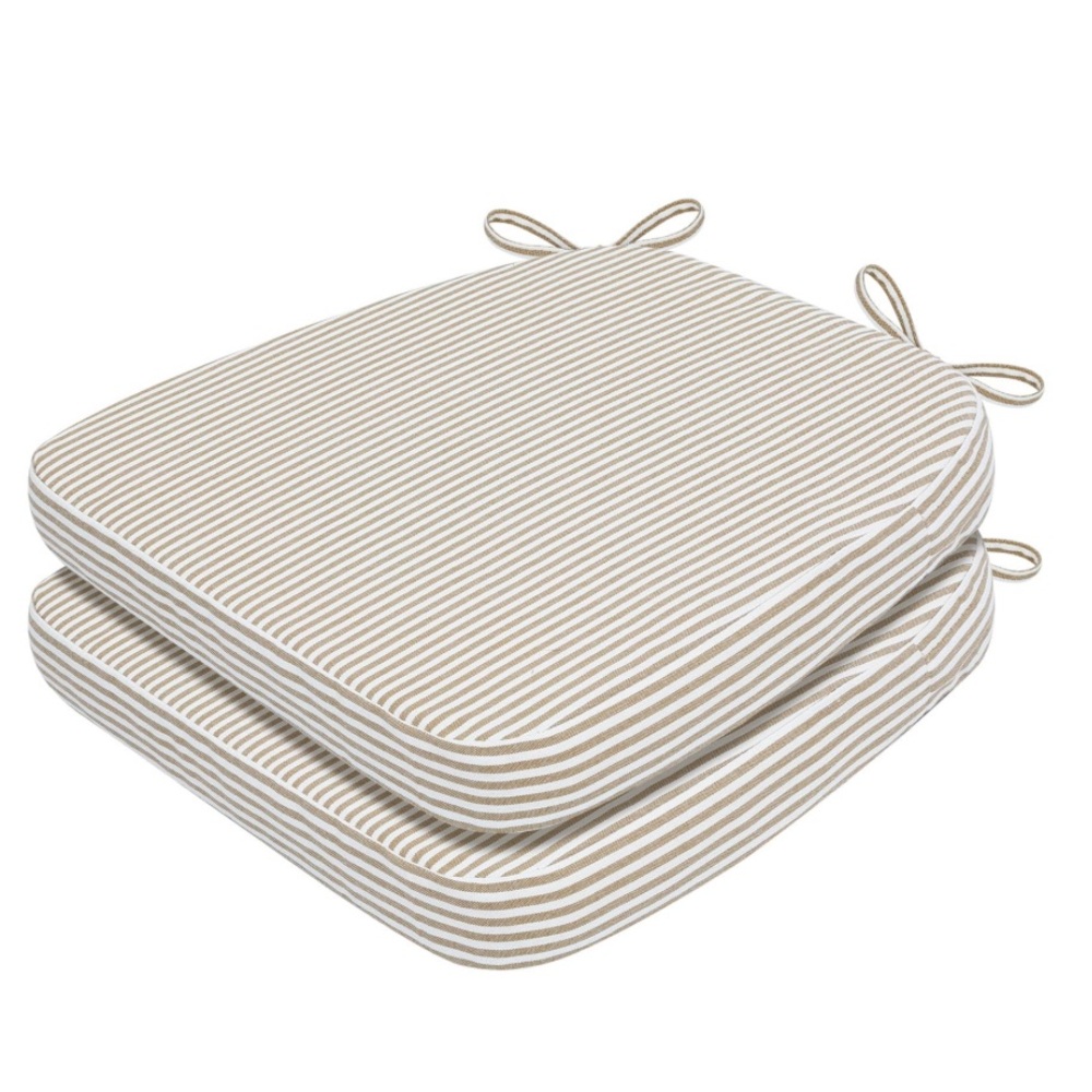 Beige White Striped Seat Cushions with Ties-Pack of 2